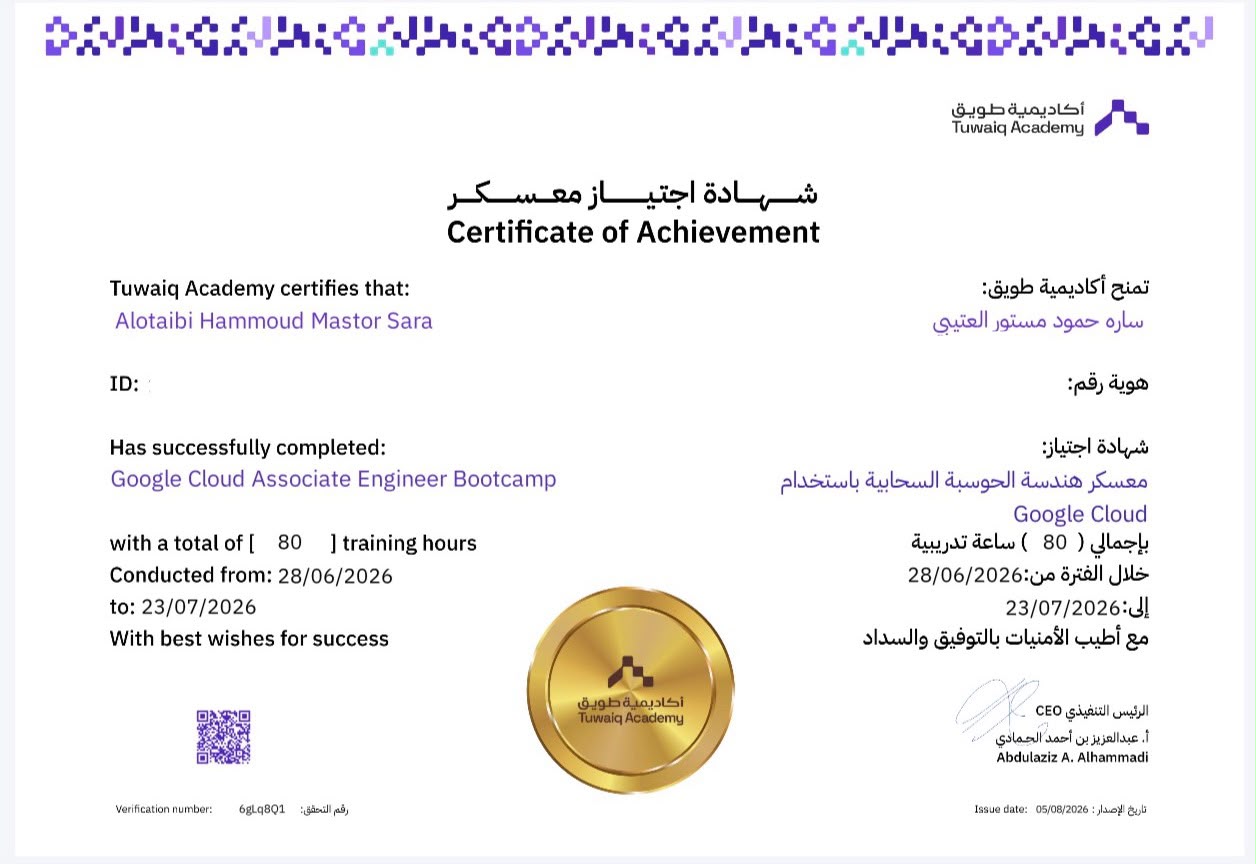 Google Cloud Associate Engineer Bootcamp certificate, Tuwaiq Academy